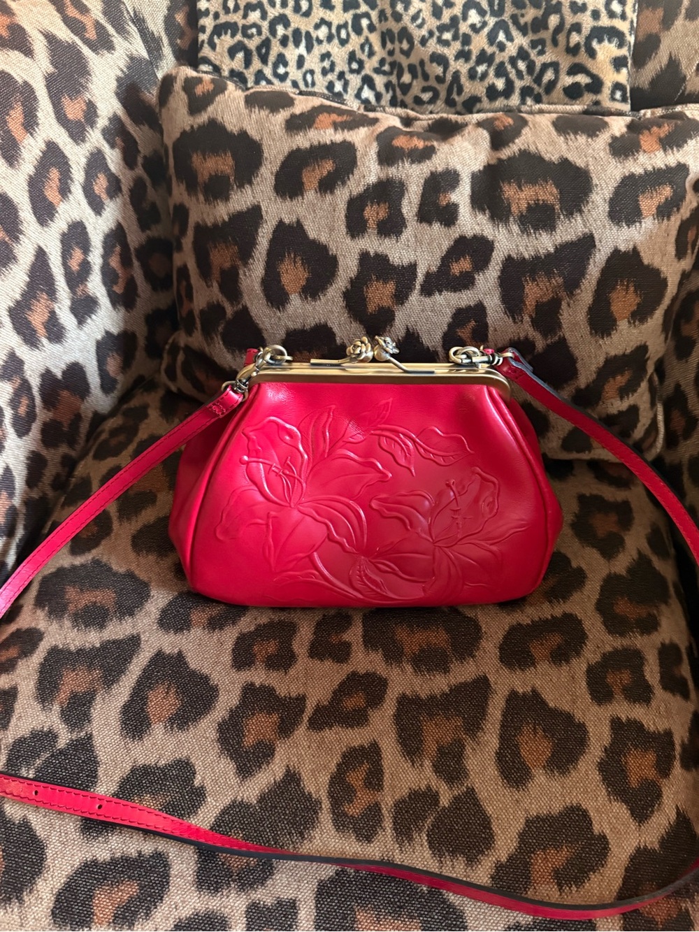 Patricia Nash framed small Red Floral Embossed Leather Crossbody
